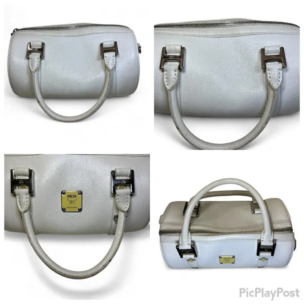 MCM White Leather Papillon Barrel Bag